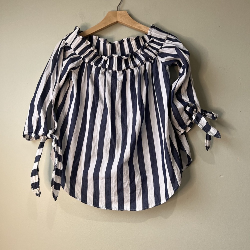 Striped Off-Shoulder Blouse Womens Size 6 With Tie Sleeves